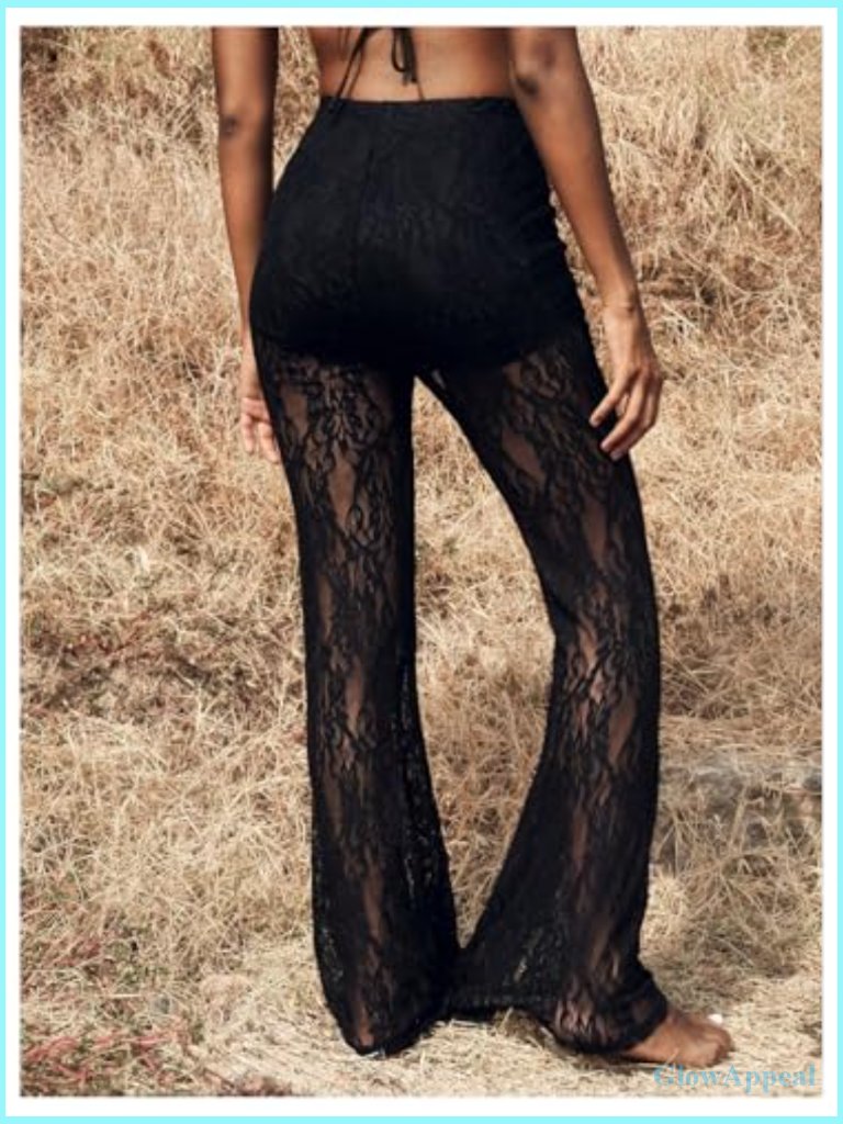 High Waisted Flare Pants Lace Sheer Mesh Long Trousers